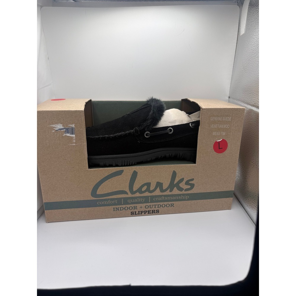 Clarks Mens Venetian Moc Suede Slippers Black Indoor Outdoor Faux Fur Lining 11M